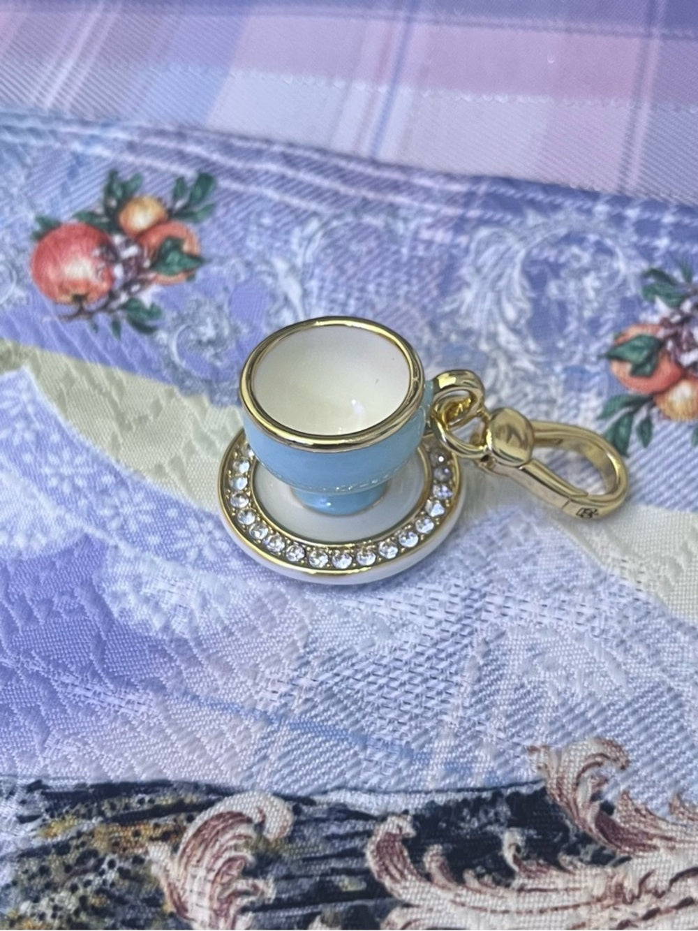 Juicy Couture Gold-Trim Crystal-Halo Blue Teacup Charm / Pendant / Keychain — gold tone charm sculptural metalwork