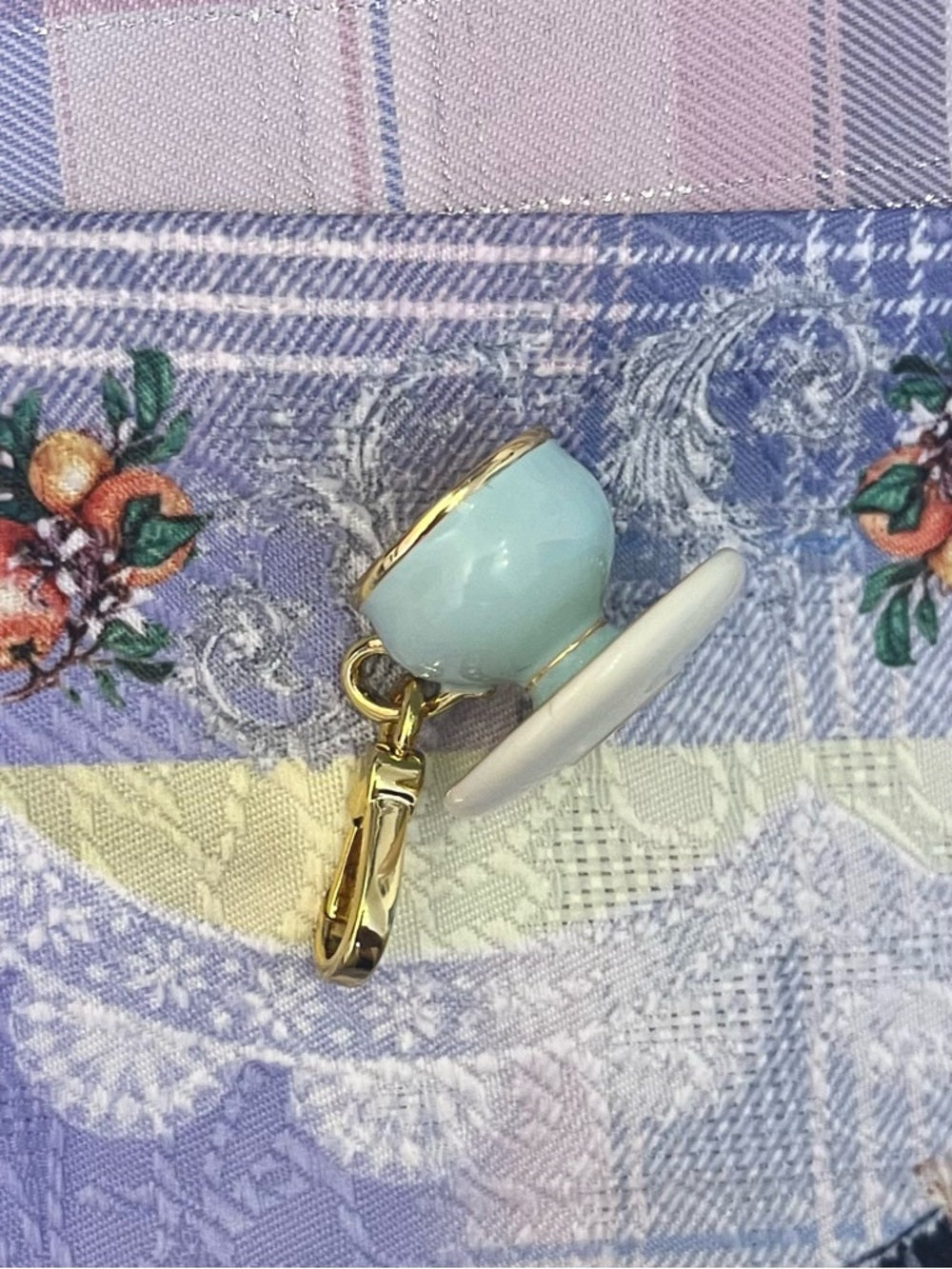 Juicy Couture Gold-Trim Crystal-Halo Blue Teacup Charm / Pendant / Keychain — vintage style designer charm collectible