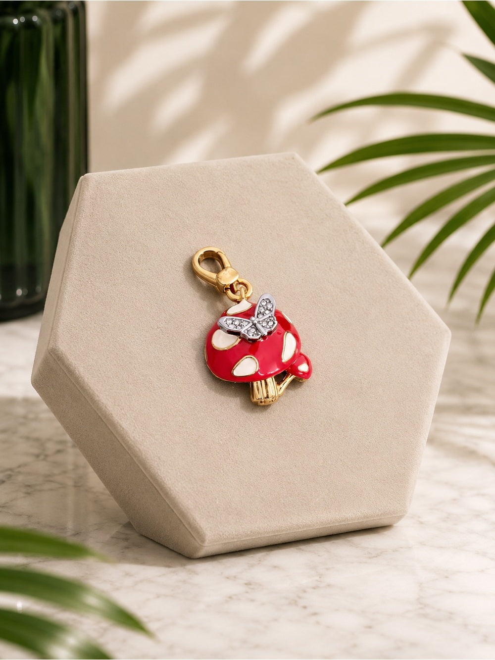 Juicy Couture Gold & Red Enamel Mushroom Charm/Pendant w Crystal Butterfly — collectible designer charm enamel and crystals
