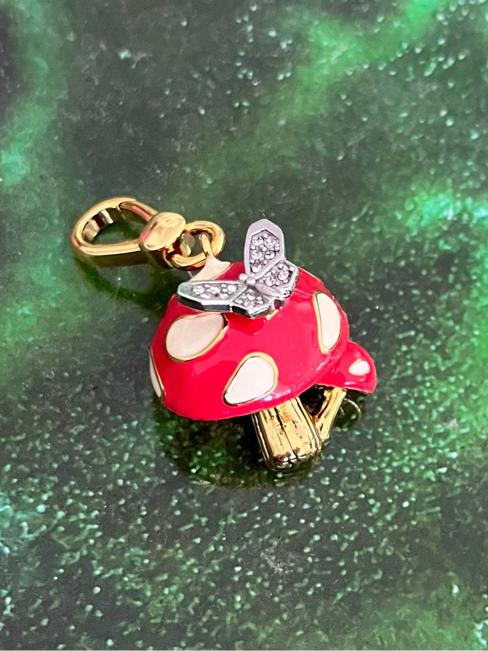 Juicy Couture Gold & Red Enamel Mushroom Charm/Pendant w Crystal Butterfly — gold tone enamel jewelry side profile