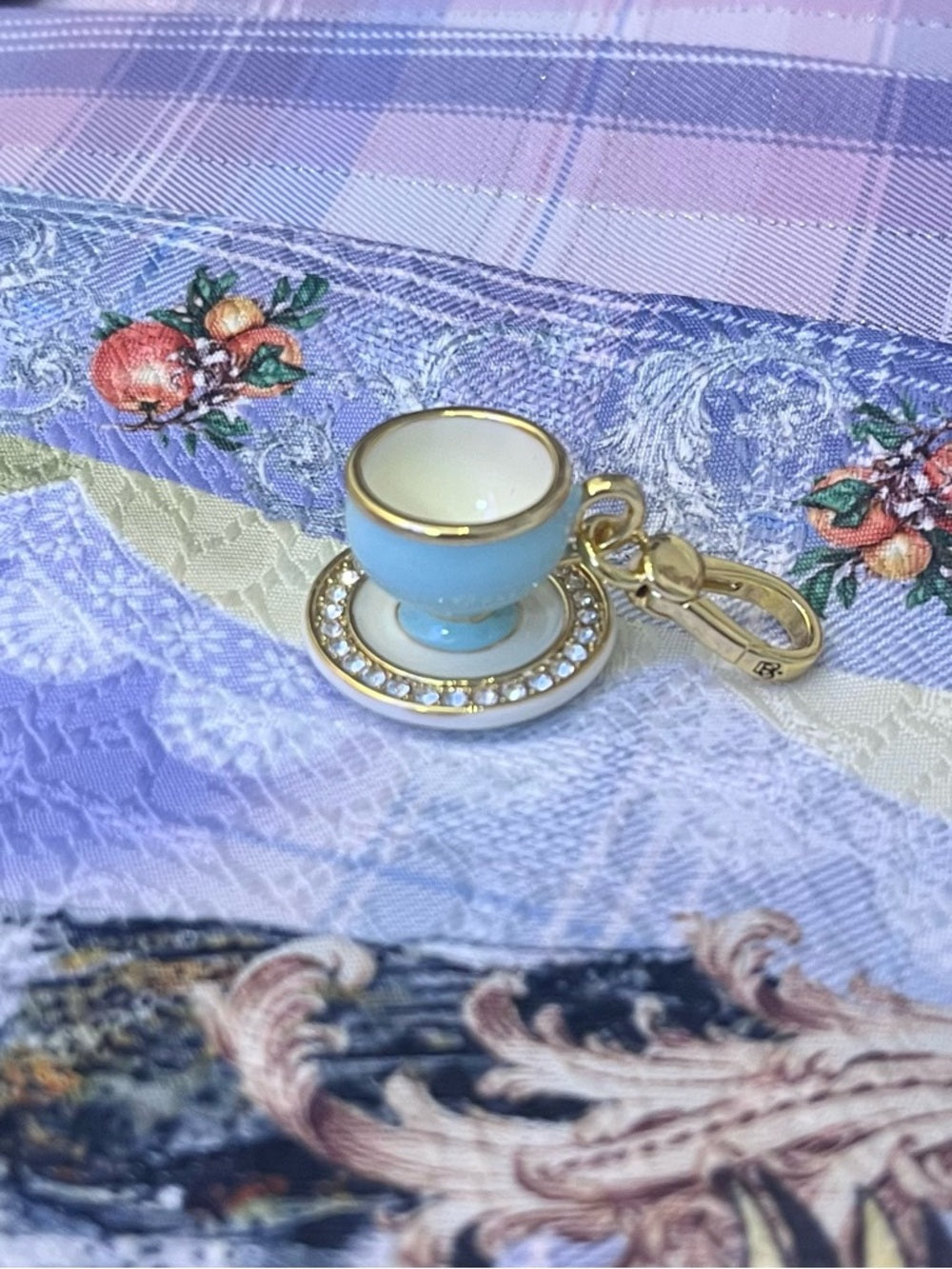 Juicy Couture Gold-Trim Crystal-Halo Blue Teacup Charm / Pendant / Keychain — collectible designer charm enamel and crystals