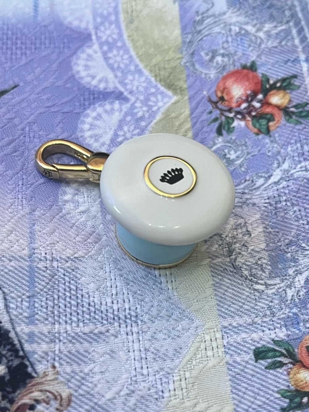 Juicy Couture Gold-Trim Crystal-Halo Blue Teacup Charm / Pendant / Keychain — lobster clasp and charm attachment hardware