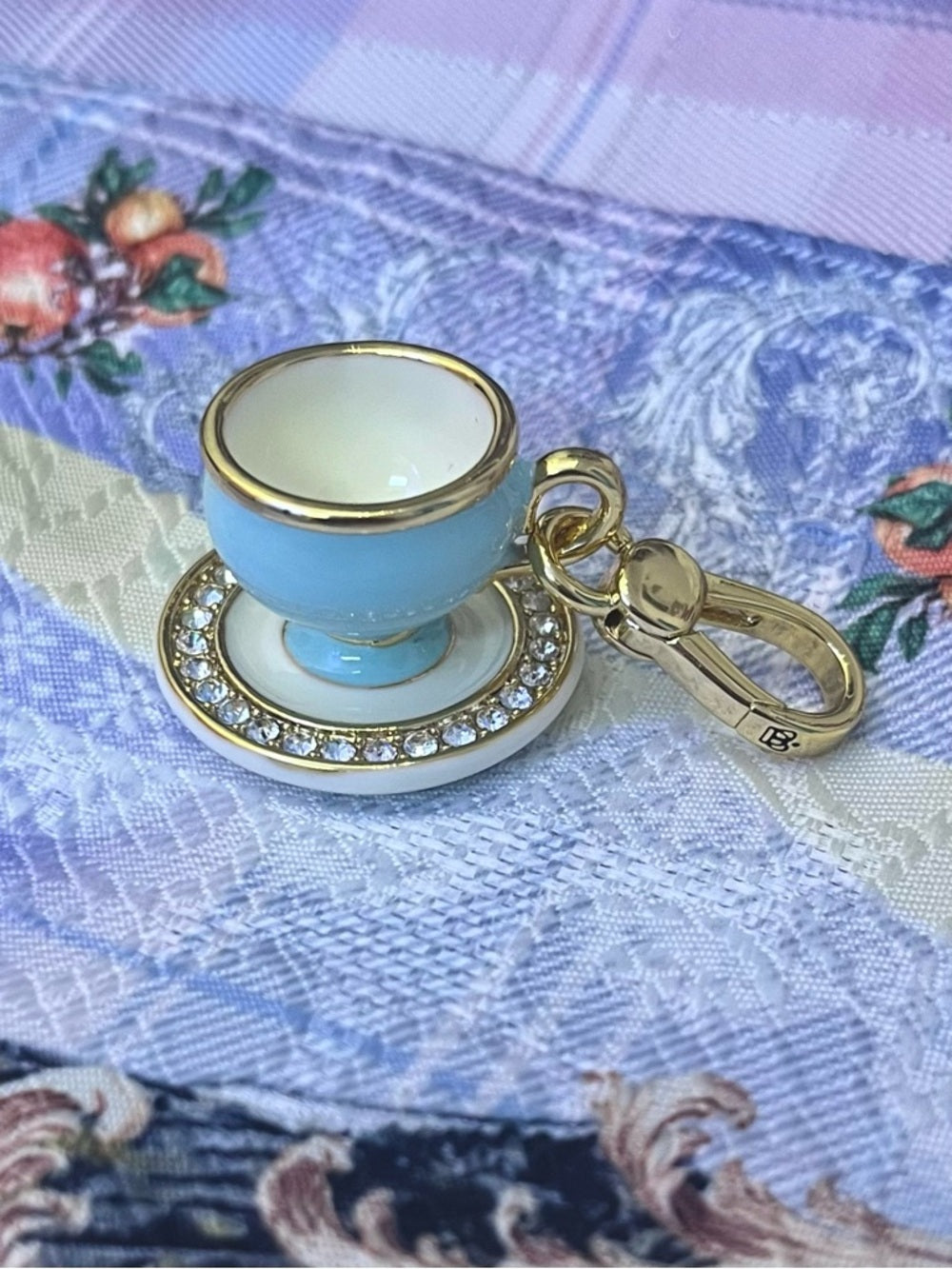 Juicy Couture Gold-Trim Crystal-Halo Blue Teacup Charm / Pendant / Keychain — charm back logo and branding detail