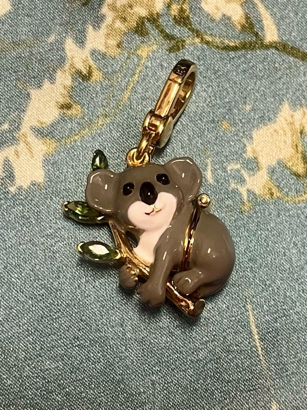 Juicy Couture Koala Charm/Pendant in Gray and Gold w Eucalyptus and Baby Koala — eucalyptus crystal leaf detail
