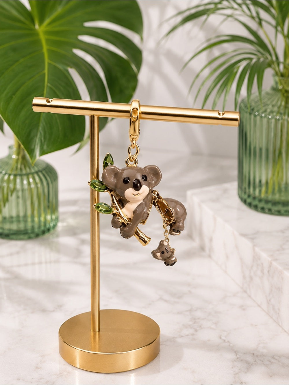 Juicy Couture Koala Charm/Pendant in Gray and Gold w Eucalyptus and Baby Koala — baby koala miniature detail
