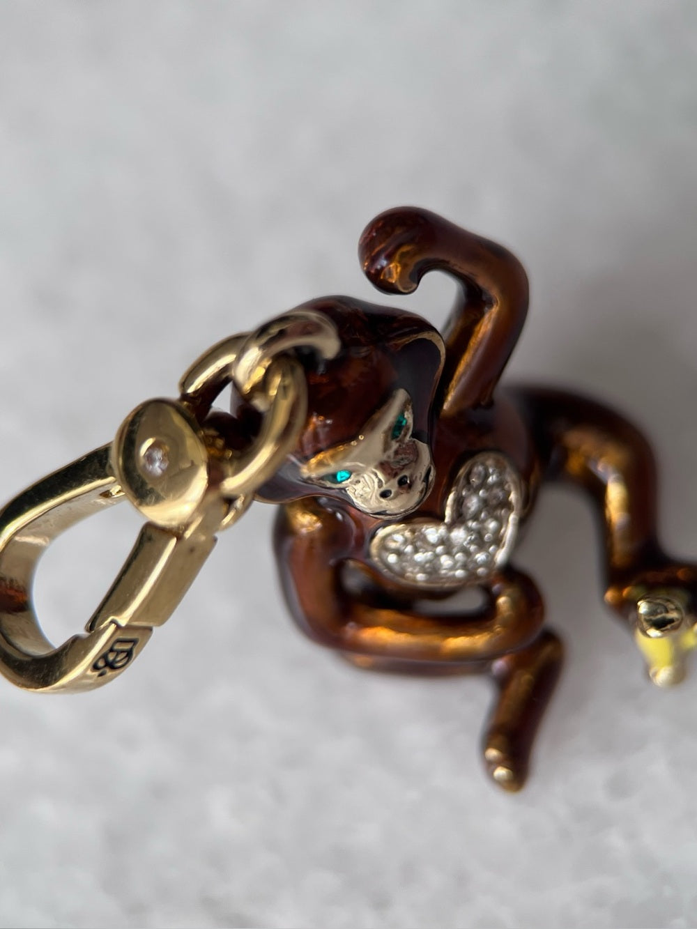 Juicy Couture Monkey Charm – Green Jeweled Eyes & Crystal Heart — gold lobster clasp detail