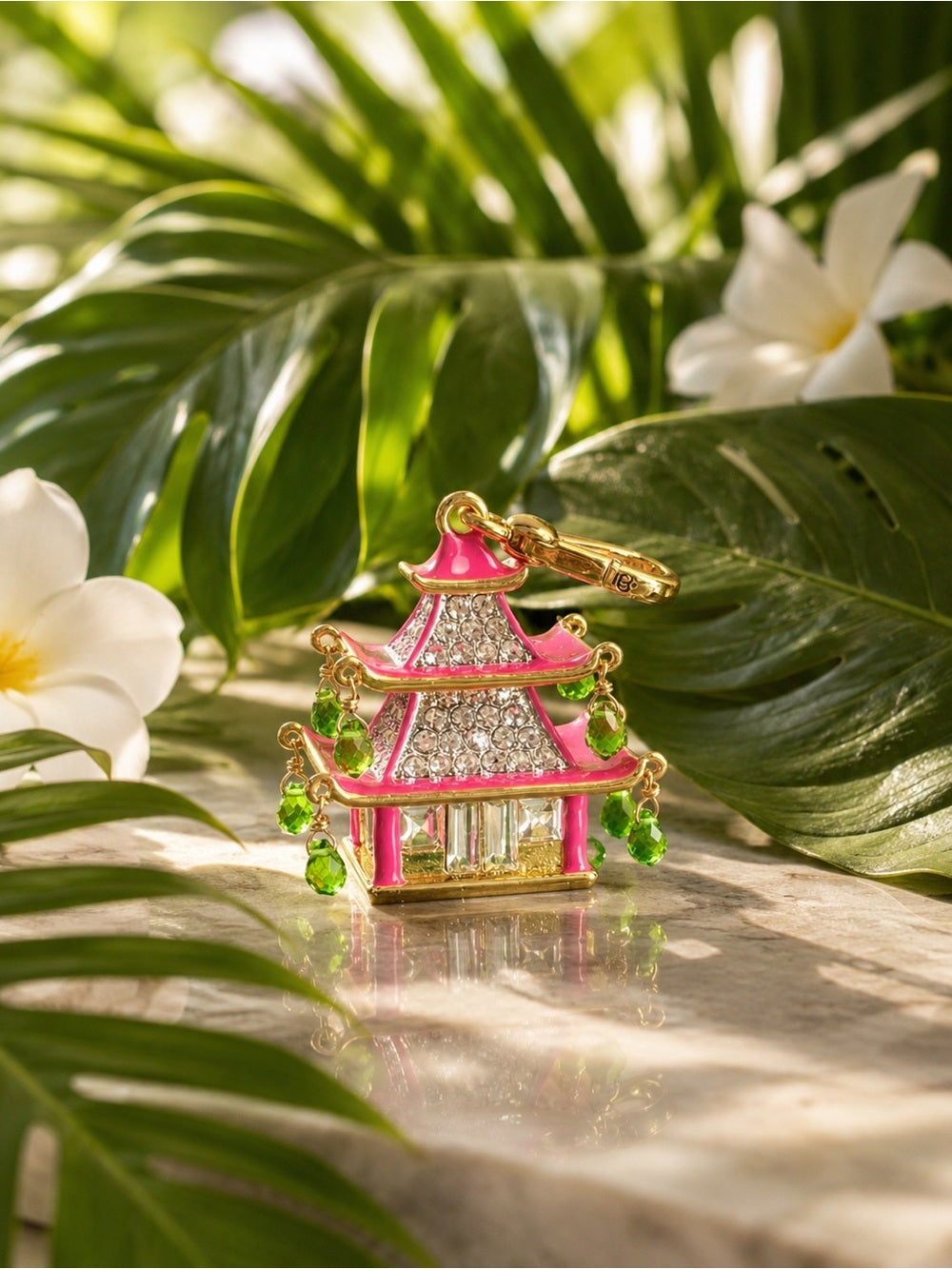 Juicy Couture Pink Asian Pagoda Charm/Pendant w Green Crystal Drops — collectible designer charm enamel and crystals