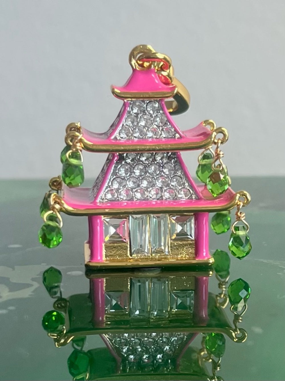 Juicy Couture Pink Asian Pagoda Charm/Pendant w Green Crystal Drops — gold tone enamel jewelry side profile