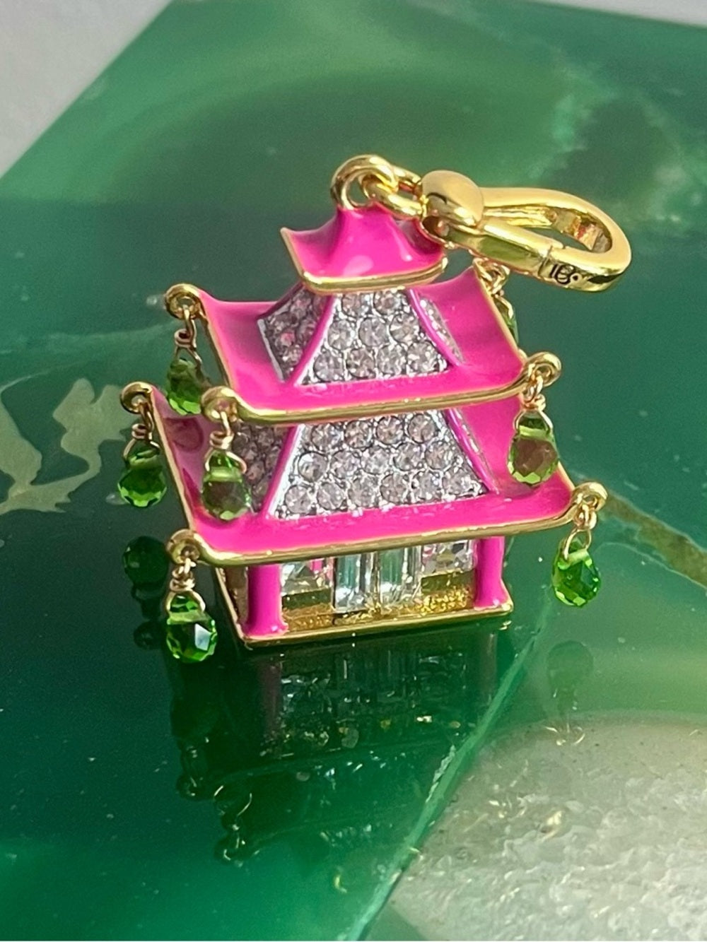 Juicy Couture Pink Asian Pagoda Charm/Pendant w Green Crystal Drops — enamel color and jeweled accent detail