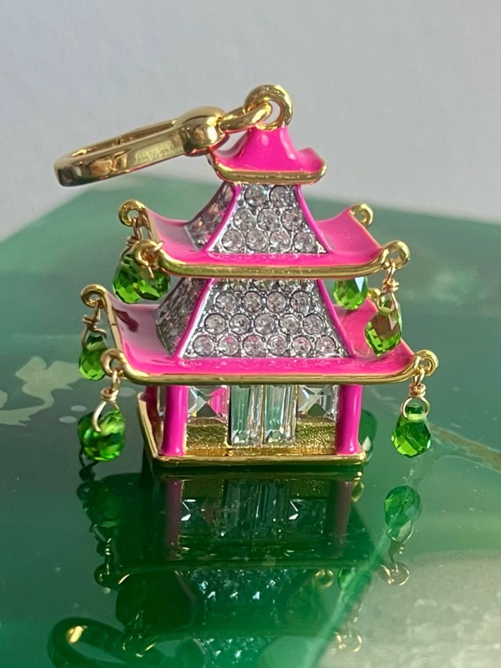 Juicy Couture Pink Asian Pagoda Charm/Pendant w Green Crystal Drops — lobster clasp and charm attachment hardware