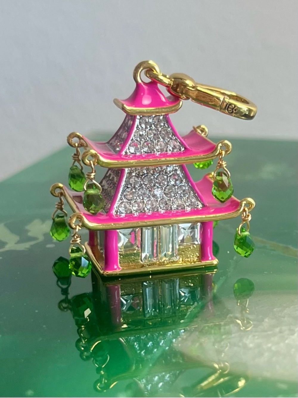 Juicy Couture Pink Asian Pagoda Charm/Pendant w Green Crystal Drops — gold tone charm sculptural metalwork