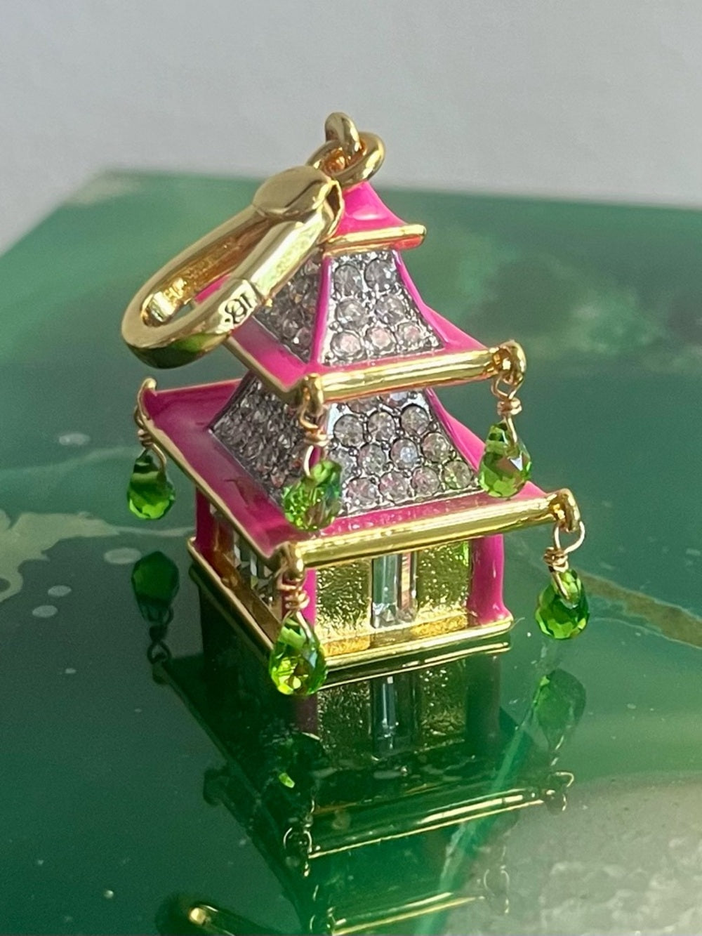Juicy Couture Pink Asian Pagoda Charm/Pendant w Green Crystal Drops — designer charm crystal pave craftsmanship