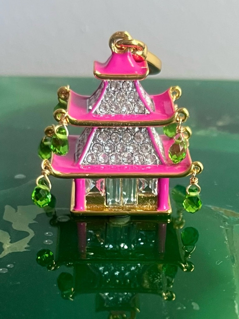 Juicy Couture Pink Asian Pagoda Charm/Pendant w Green Crystal Drops — three dimensional collectible charm design
