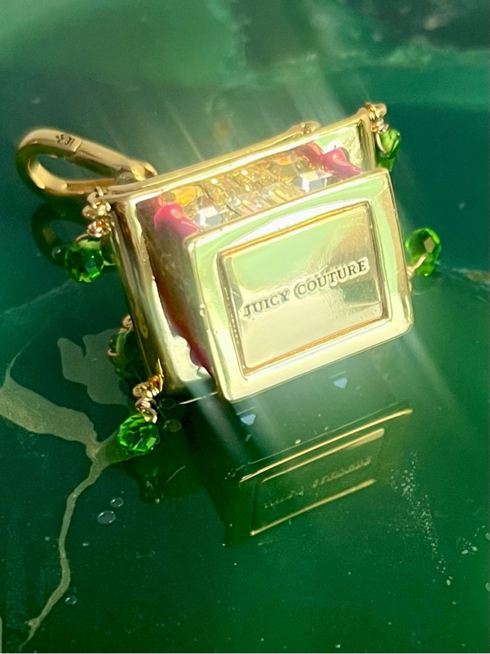 Juicy Couture Pink Asian Pagoda Charm/Pendant w Green Crystal Drops — charm back logo and branding detail