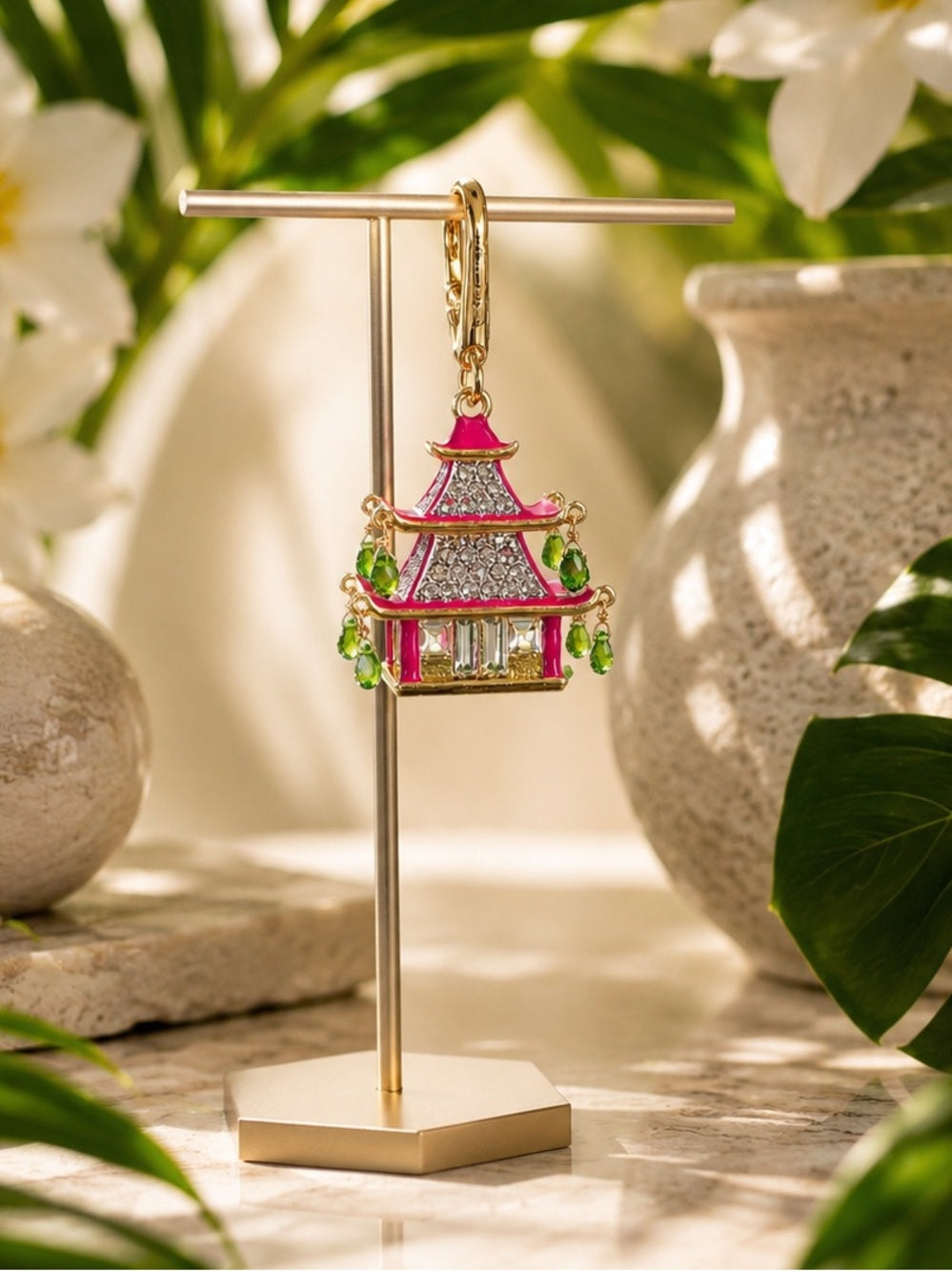 Juicy Couture Pink Asian Pagoda Charm/Pendant w Green Crystal Drops — pave crystal jewelry sparkle closeup