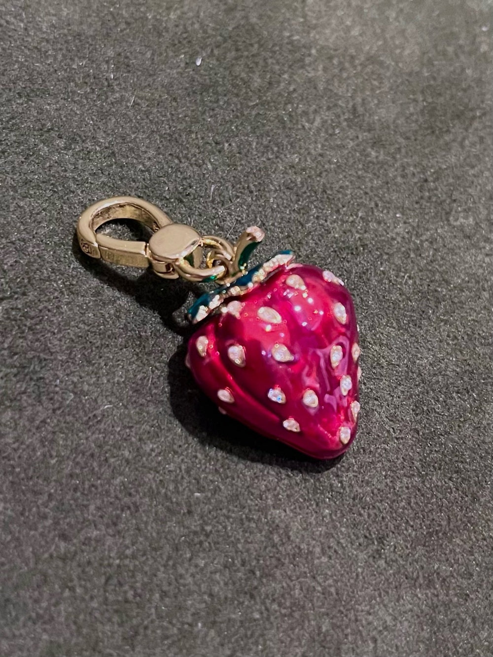 Juicy Couture Strawberry Crystal Charm Gold Tone Enamel Y2K Collectible — gold tone charm sculptural metalwork