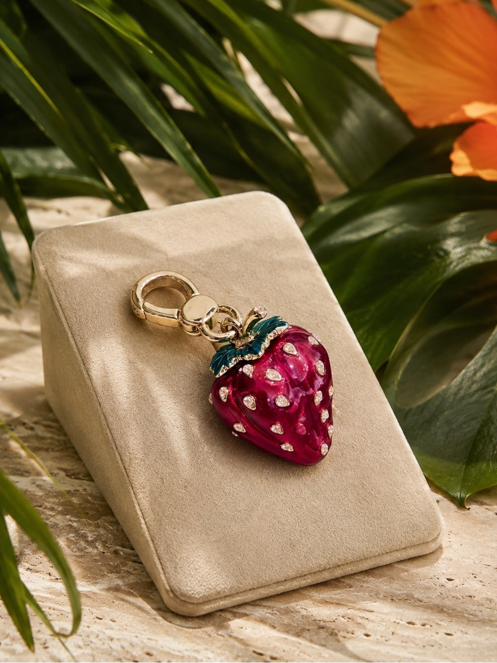 Juicy Couture Strawberry Crystal Charm Gold Tone Enamel Y2K Collectible — collectible designer charm enamel and crystals