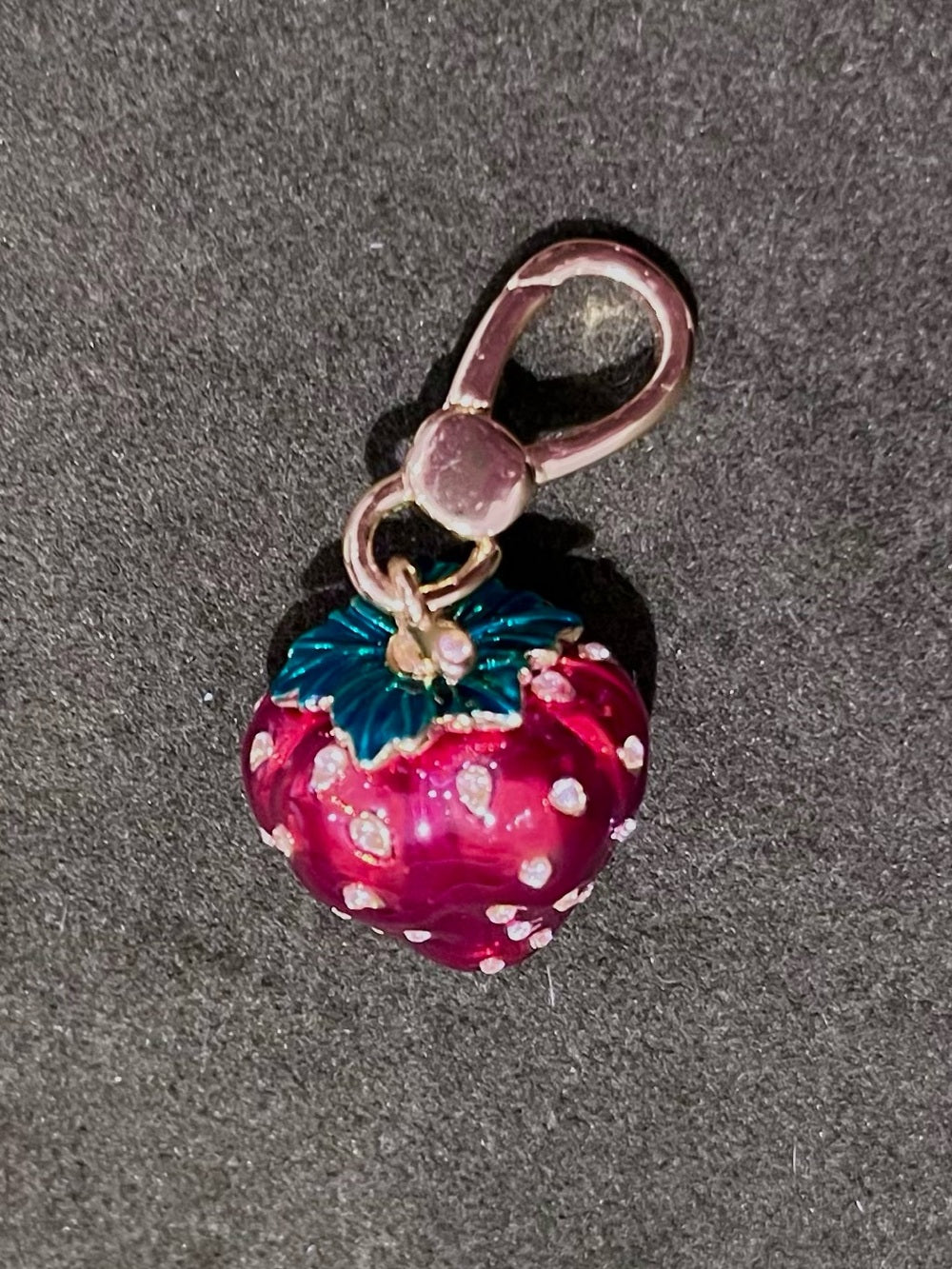 Juicy Couture Strawberry Crystal Charm Gold Tone Enamel Y2K Collectible — gold tone enamel jewelry side profile