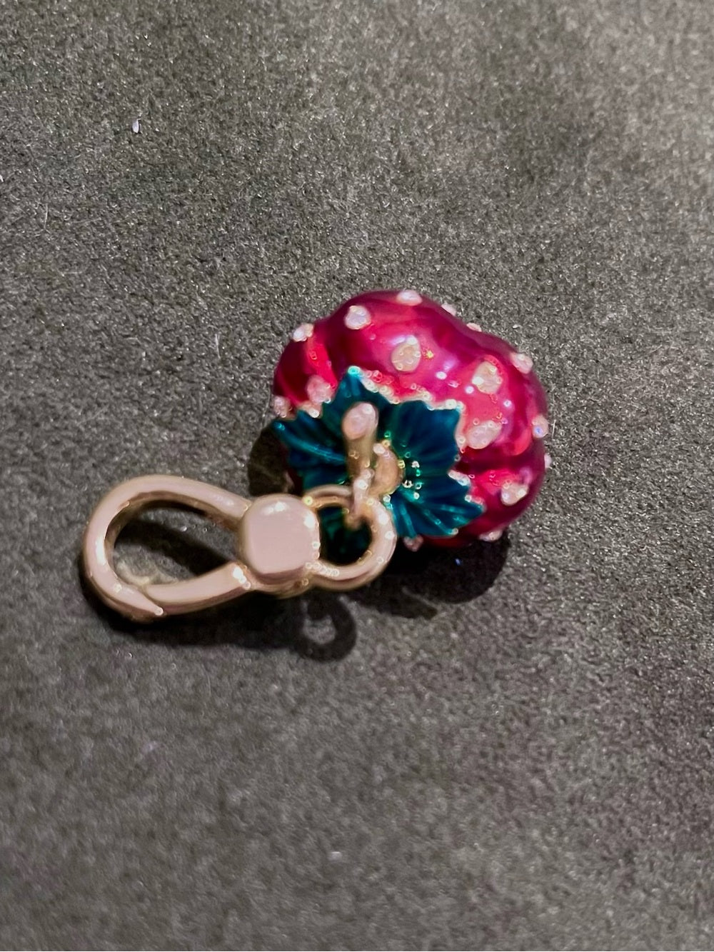 Juicy Couture Strawberry Crystal Charm Gold Tone Enamel Y2K Collectible — enamel color and jeweled accent detail