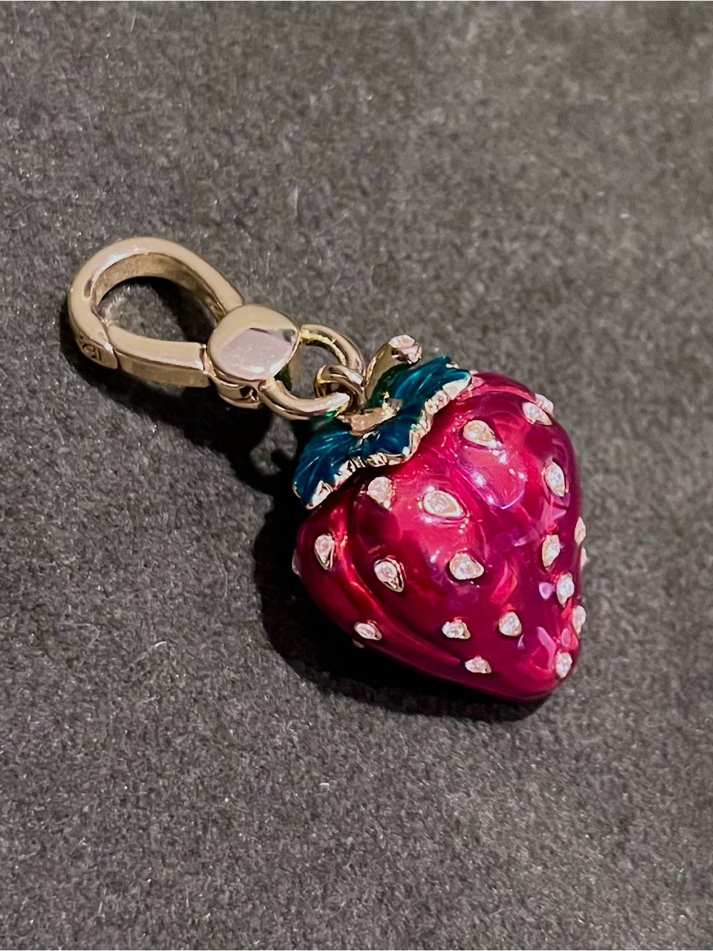 Juicy Couture Strawberry Crystal Charm Gold Tone Enamel Y2K Collectible — vintage style designer charm collectible