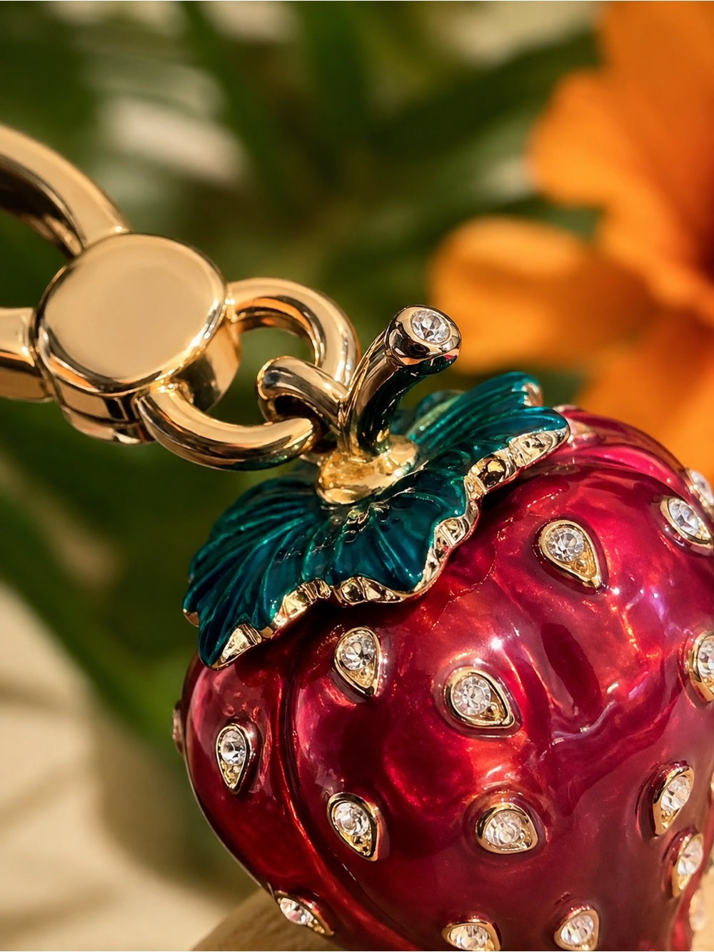 Juicy Couture Strawberry Crystal Charm Gold Tone Enamel Y2K Collectible — pave crystal jewelry sparkle closeup