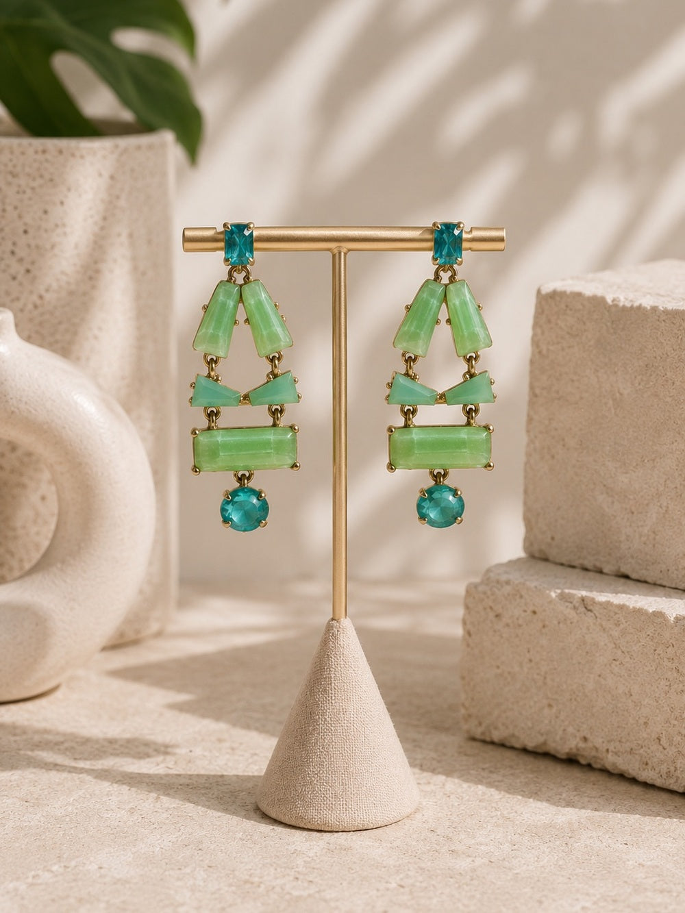Kate Spade Mint Green & Teal Chandelier Drop Earrings – Gold Tone Statement Pair — faceted stones and gold tone setting