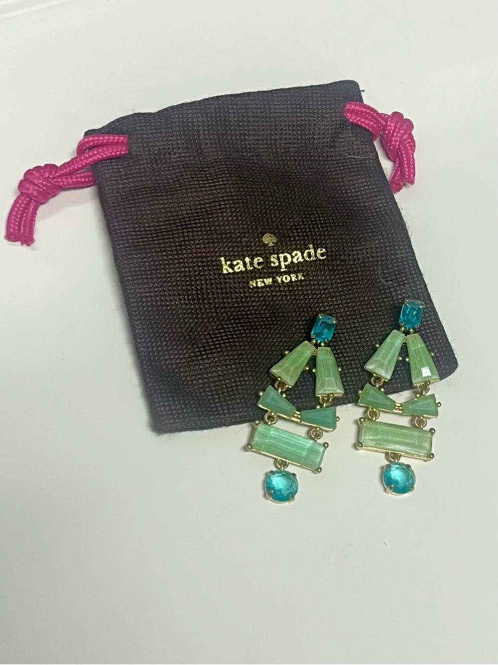 Kate Spade Mint Green & Teal Chandelier Drop Earrings – Gold Tone Statement Pair — statement accessory profile and scale
