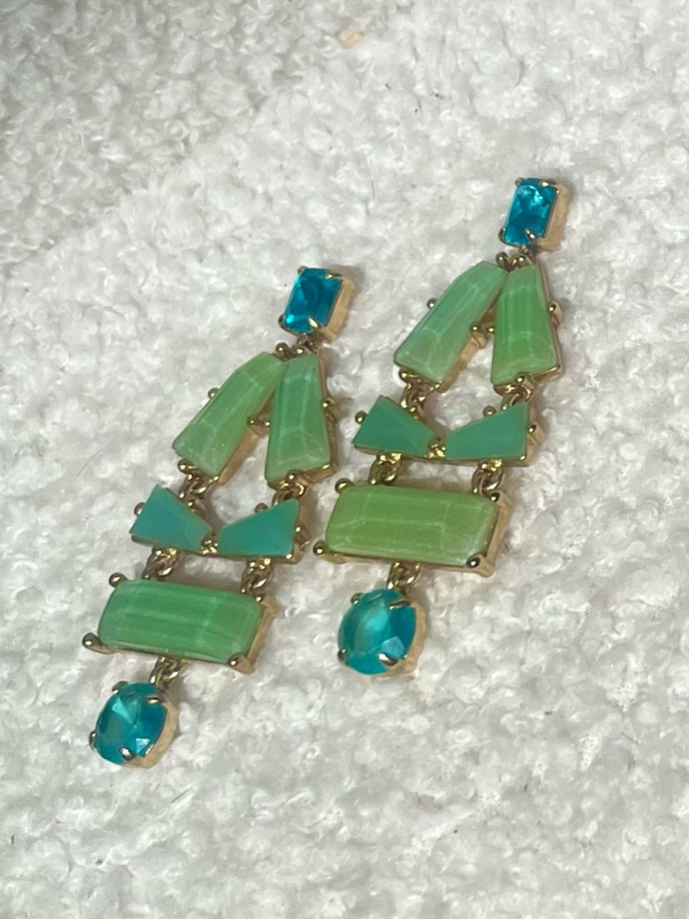 Kate Spade Mint Green & Teal Chandelier Drop Earrings – Gold Tone Statement Pair — gemstone cluster and metalwork detail