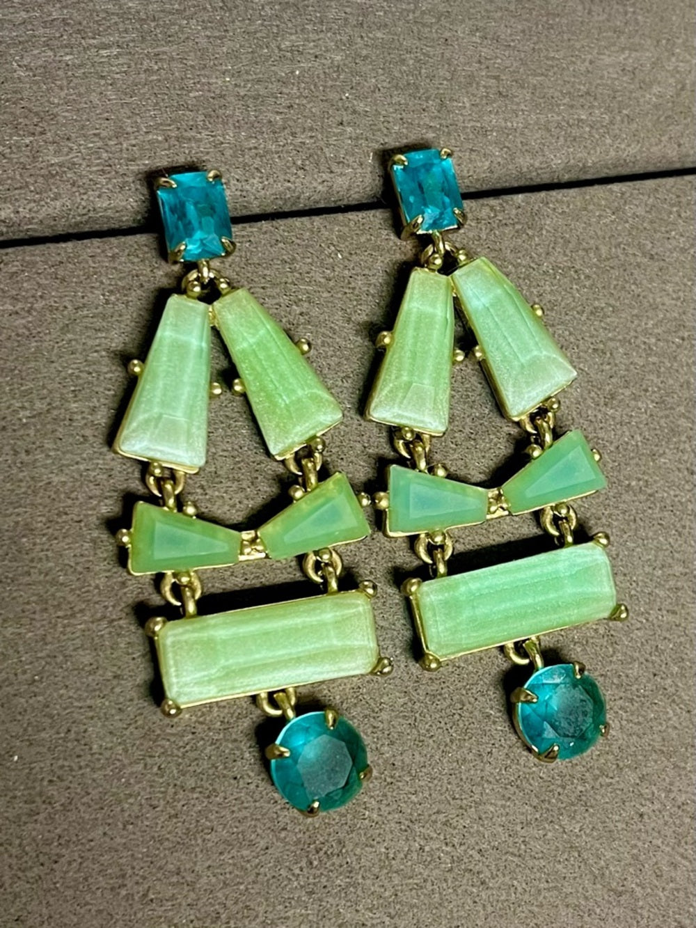 Kate Spade Mint Green & Teal Chandelier Drop Earrings – Gold Tone Statement Pair — designer accessory stone cut detail