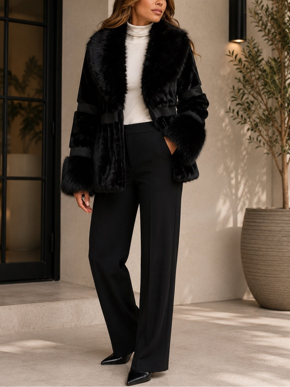 kathy ireland Black Faux Fur Open-Front Teddy Jacket Size Small NWT — designer product silhouette and material