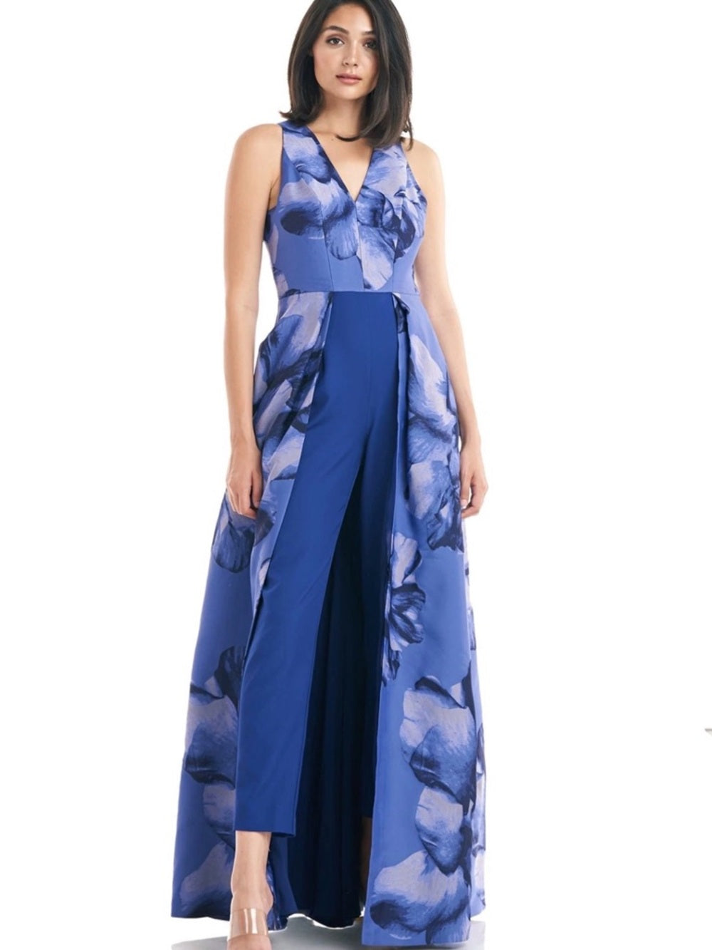 Kay Unger New York Reign Sleeveless Walk-Thru Jumpsuit Embroidered Blue Floral — embellishment embroidery or print closeup