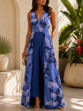 Kay Unger New York Reign Sleeveless Walk-Thru Jumpsuit Embroidered Blue Floral — designer garment full silhouette and fit