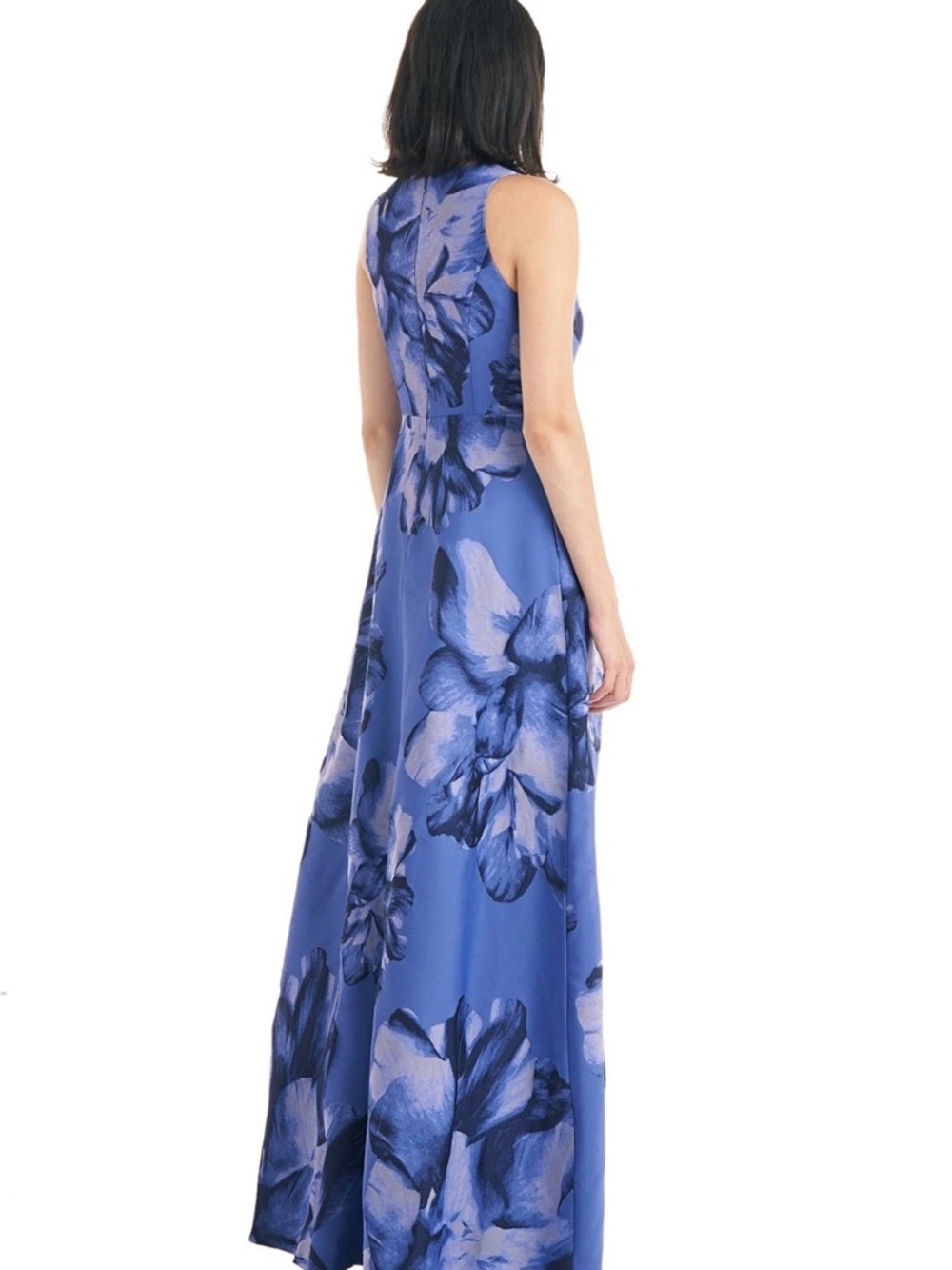 Kay Unger New York Reign Sleeveless Walk-Thru Jumpsuit Embroidered Blue Floral — designer label and garment branding