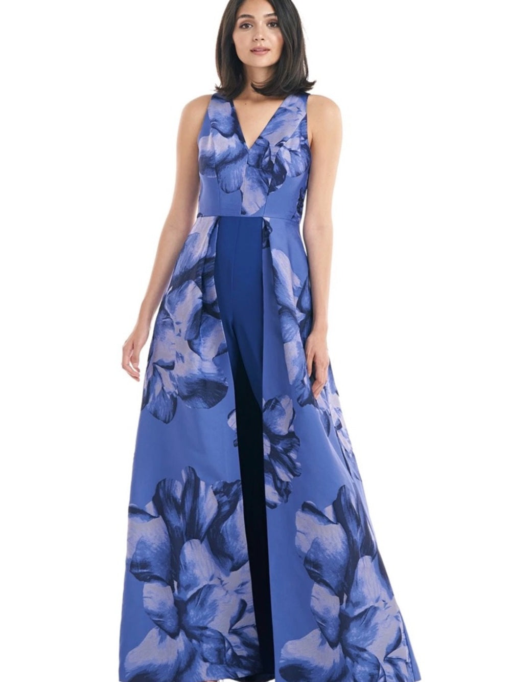 Kay Unger New York Reign Sleeveless Walk-Thru Jumpsuit Embroidered Blue Floral — fashion color and fabric detail