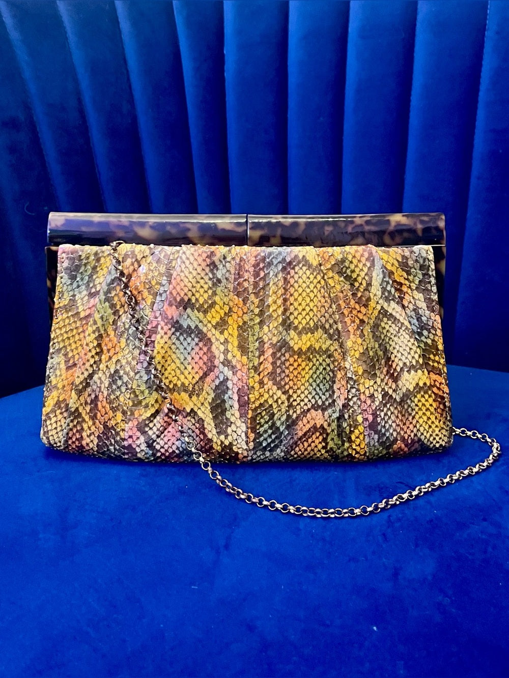Kotur Genuine Python Clutch – Multicolor Exotic Leather Tortoise Lucite Frame — handbag interior lining and storage