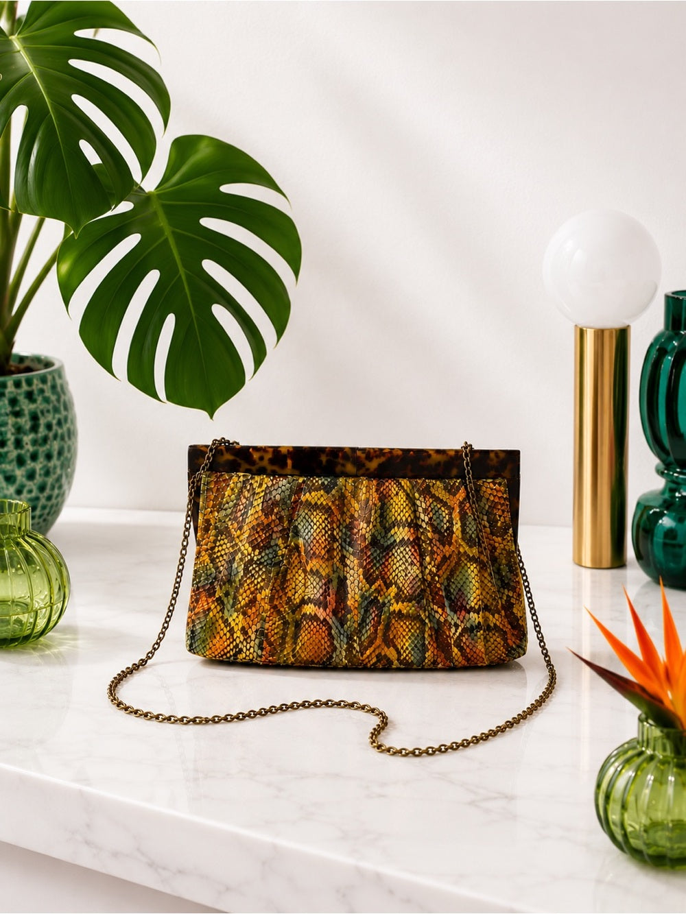 Kotur Genuine Python Clutch – Multicolor Exotic Leather Tortoise Lucite Frame — luxury leather bag back panel construction