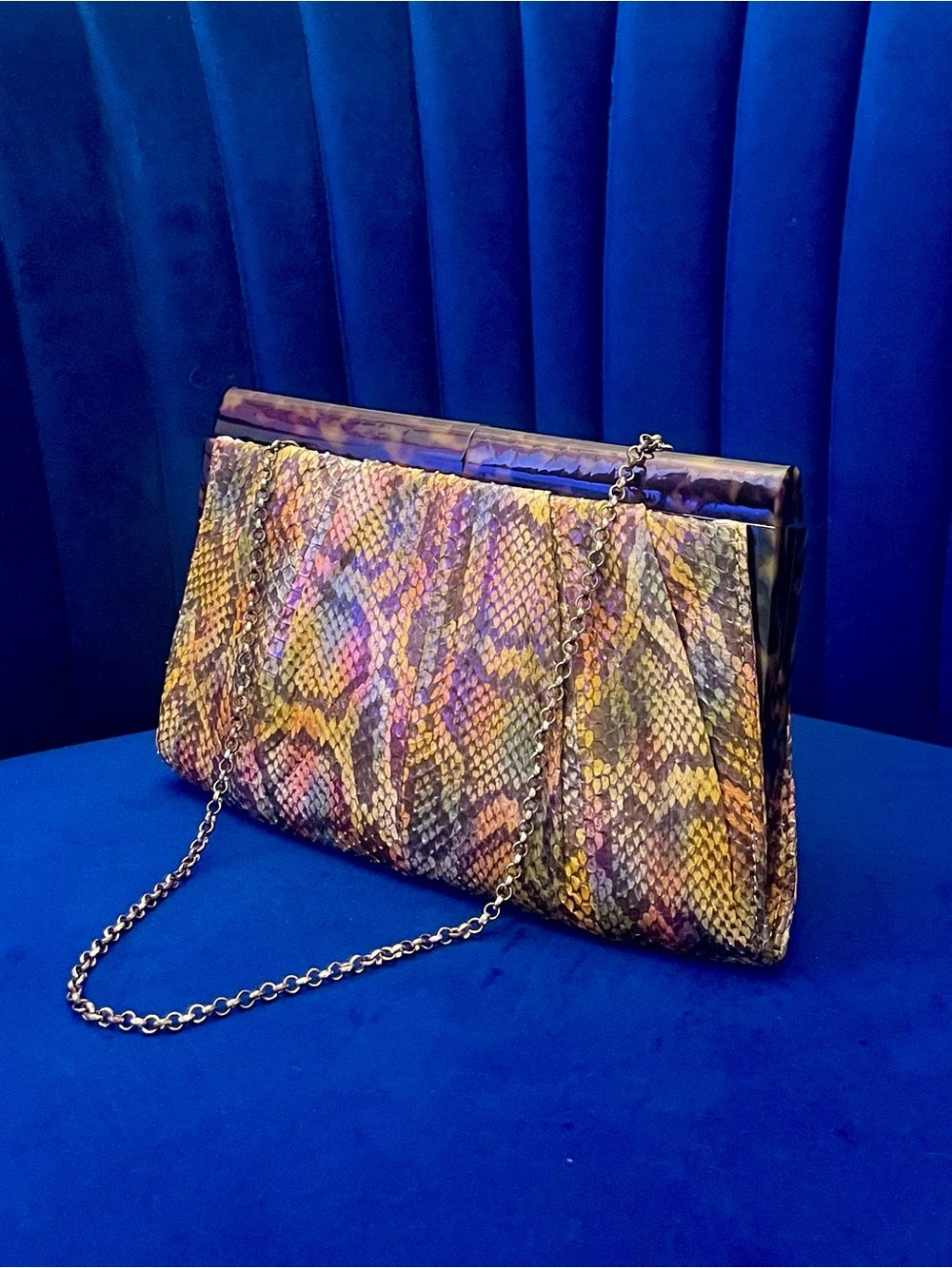 Kotur Genuine Python Clutch – Multicolor Exotic Leather Tortoise Lucite Frame — natural leather grain and texture closeup