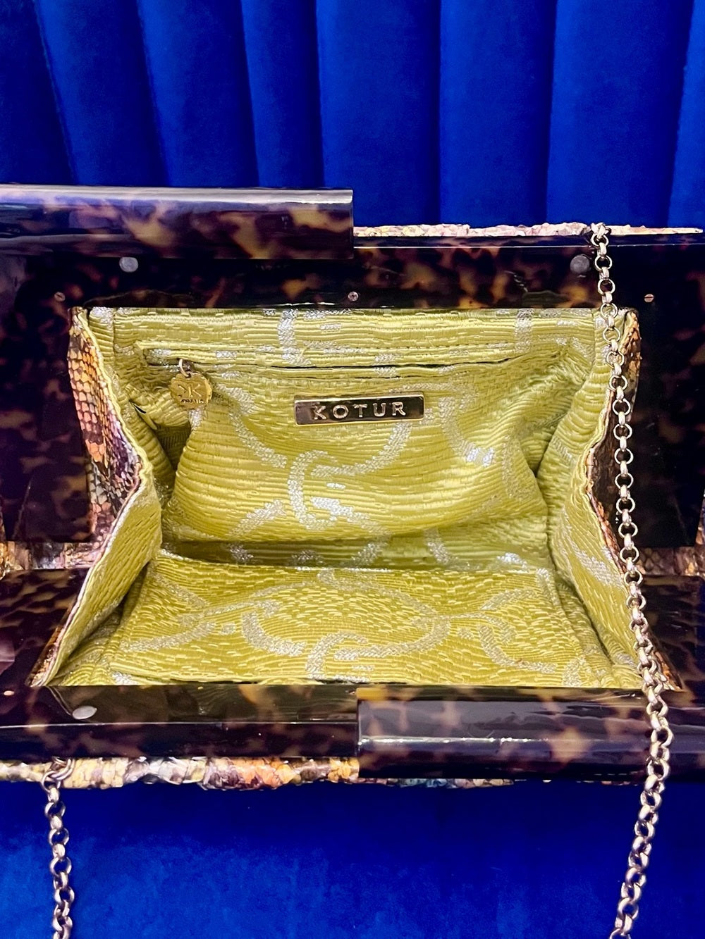 Kotur Genuine Python Clutch – Multicolor Exotic Leather Tortoise Lucite Frame — signature designer hardware and metalwork