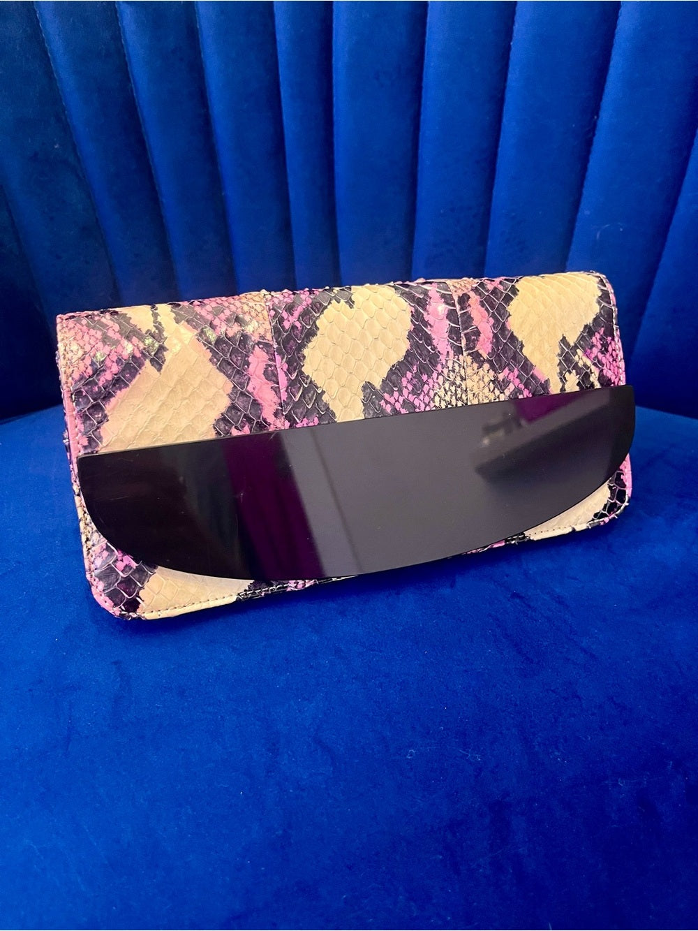 Kotur Pink Python Snakeskin Clutch – Exotic Foldover Evening Bag w Black Accent — interior pocket and designer label