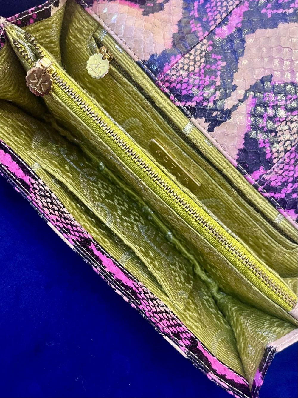 Kotur Pink Python Snakeskin Clutch – Exotic Foldover Evening Bag w Black Accent — signature designer hardware and metalwork