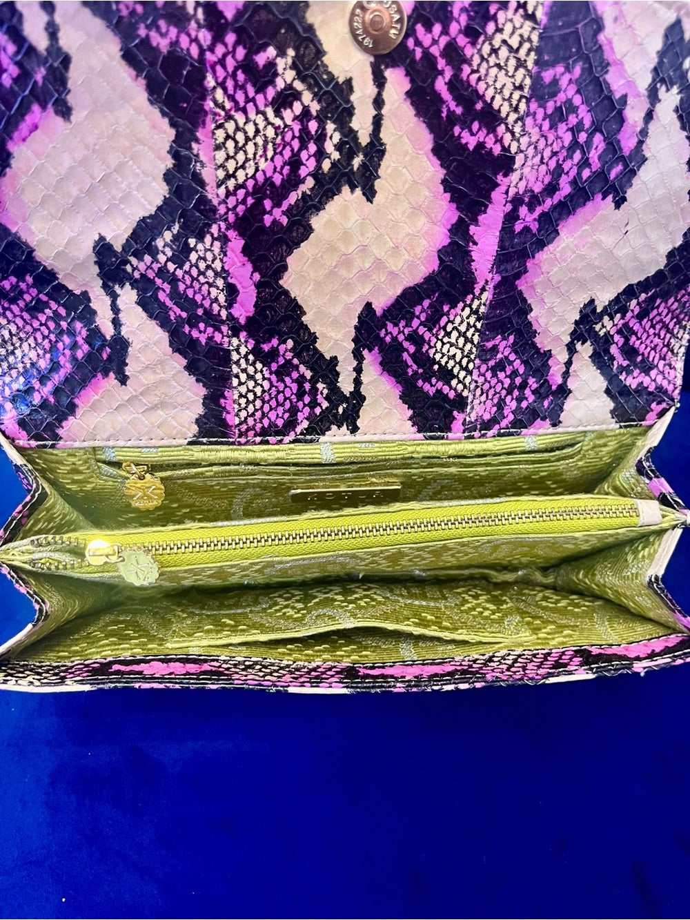 Kotur Pink Python Snakeskin Clutch – Exotic Foldover Evening Bag w Black Accent — bag closure fastening and edge finish