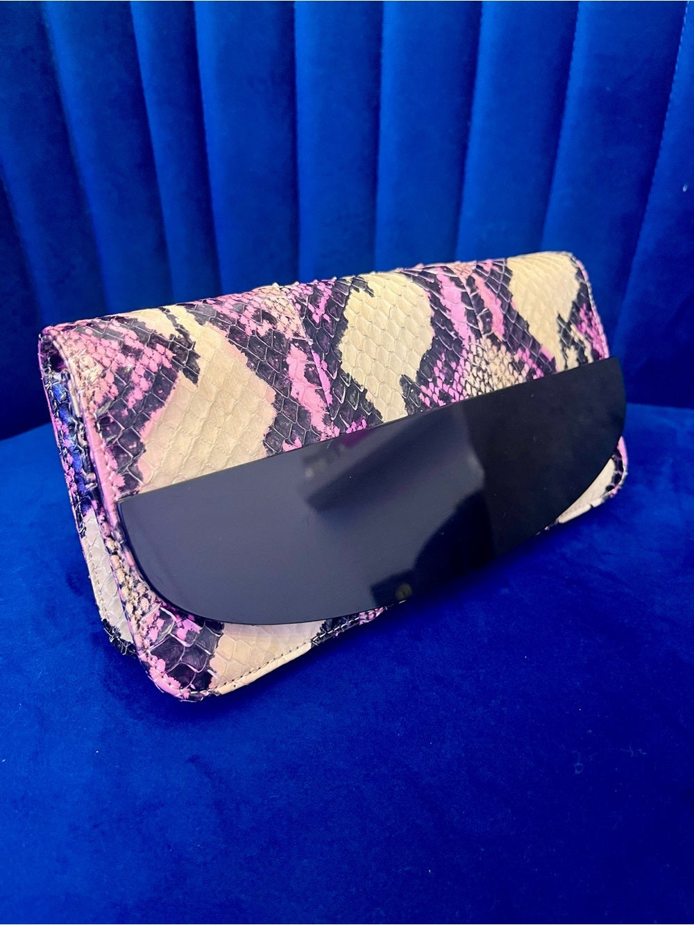 Kotur Pink Python Snakeskin Clutch – Exotic Foldover Evening Bag w Black Accent — luxury handbag proportions and shape
