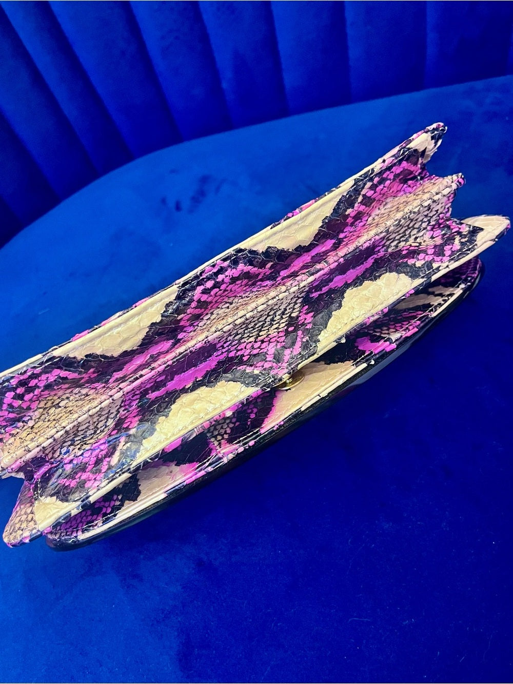 Kotur Pink Python Snakeskin Clutch – Exotic Foldover Evening Bag w Black Accent — exotic skin pattern and color variation