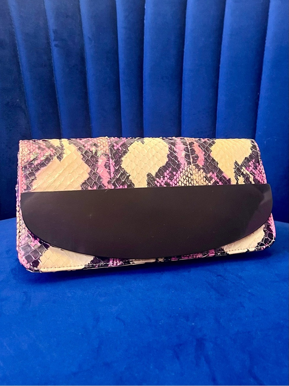 Kotur Pink Python Snakeskin Clutch – Exotic Foldover Evening Bag w Black Accent — natural leather grain and texture closeup