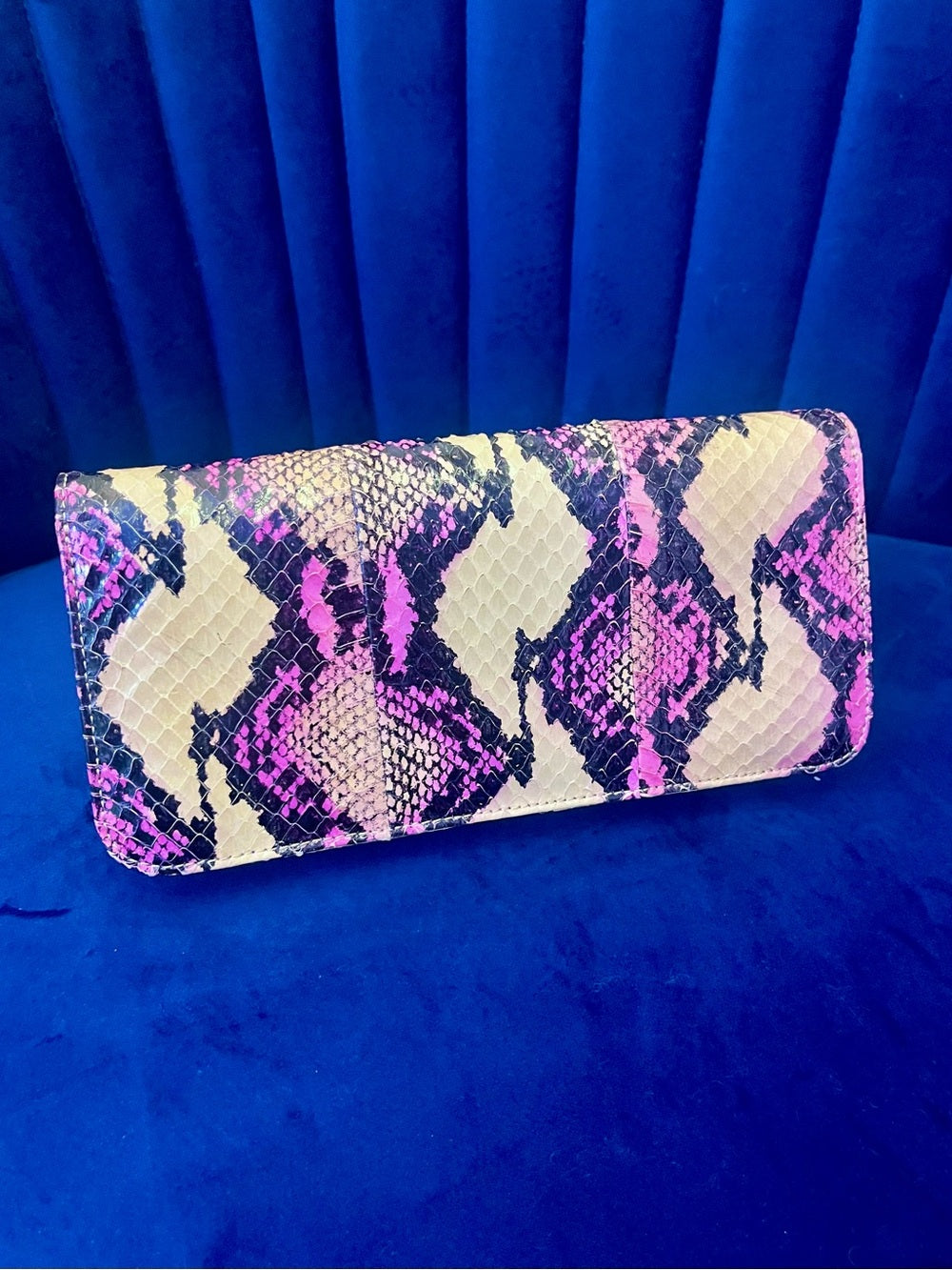 Kotur Pink Python Snakeskin Clutch – Exotic Foldover Evening Bag w Black Accent — removable strap and gold tone hardware