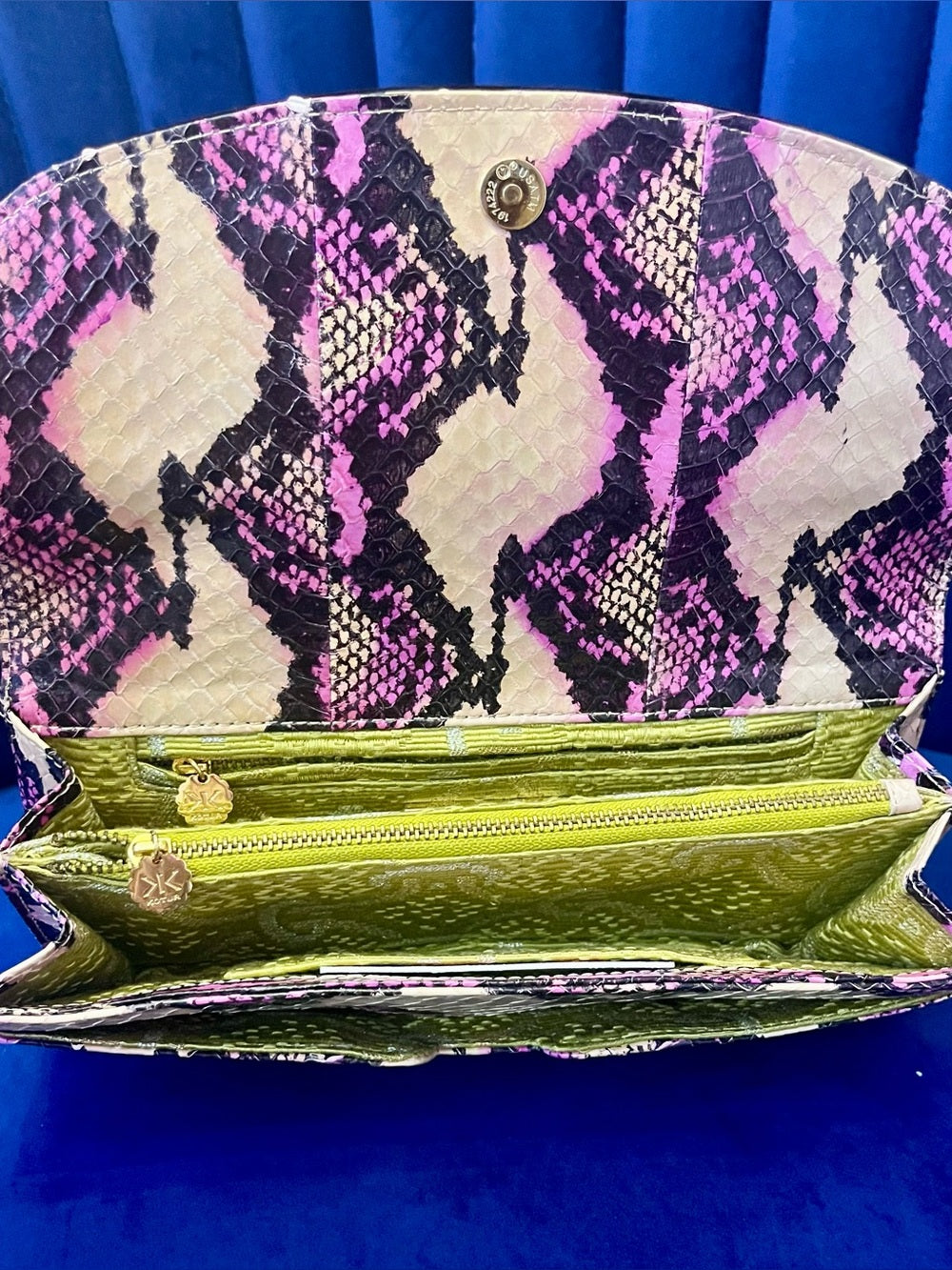 Kotur Pink Python Snakeskin Clutch – Exotic Foldover Evening Bag w Black Accent — top handle and shoulder strap attachment