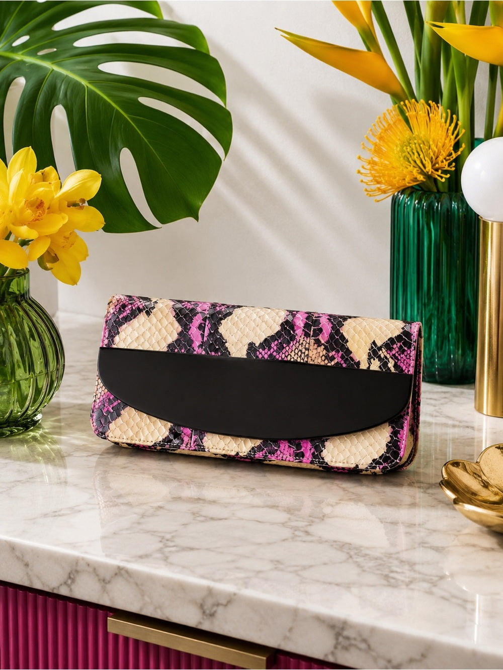 Kotur Pink Python Snakeskin Clutch – Exotic Foldover Evening Bag w Black Accent — luxury leather bag back panel construction