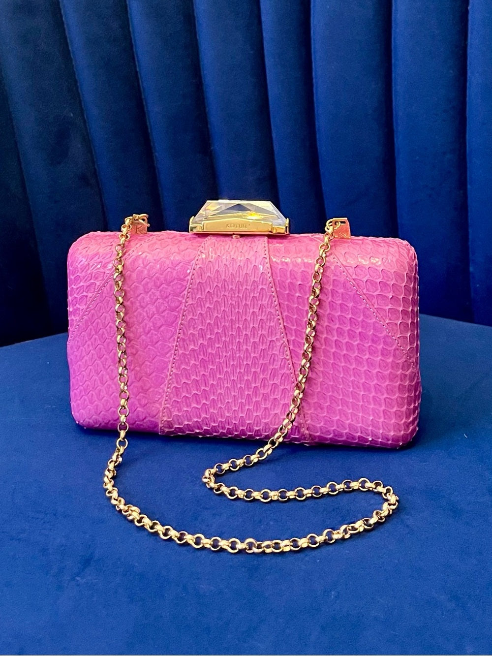 Kotur Pink Snakeskin Clutch w Crystal Clasp – Exotic Leather & Chain Strap — natural leather grain and texture closeup