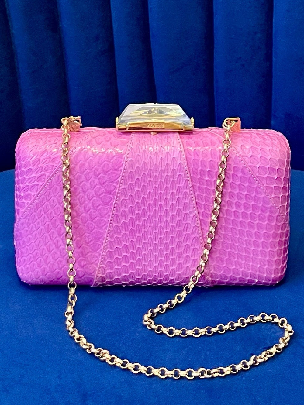 Kotur Pink Snakeskin Clutch w Crystal Clasp – Exotic Leather & Chain Strap — handbag interior lining and storage