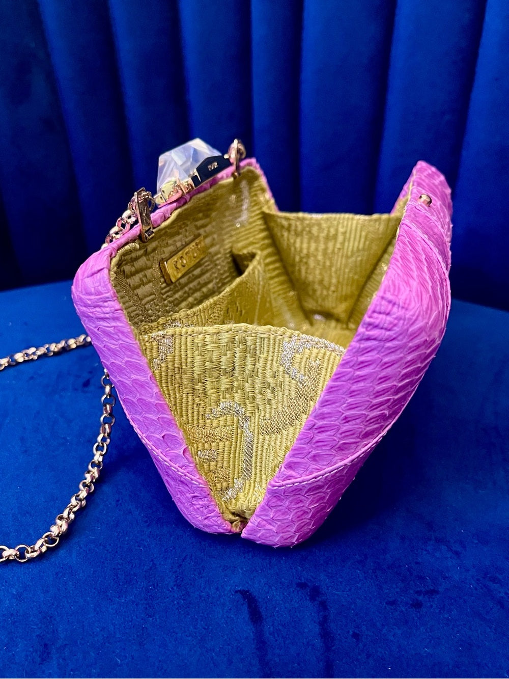 Kotur Pink Snakeskin Clutch w Crystal Clasp – Exotic Leather & Chain Strap — bag closure fastening and edge finish